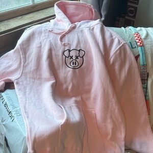 Pink Hoodie with Pig Embroidery